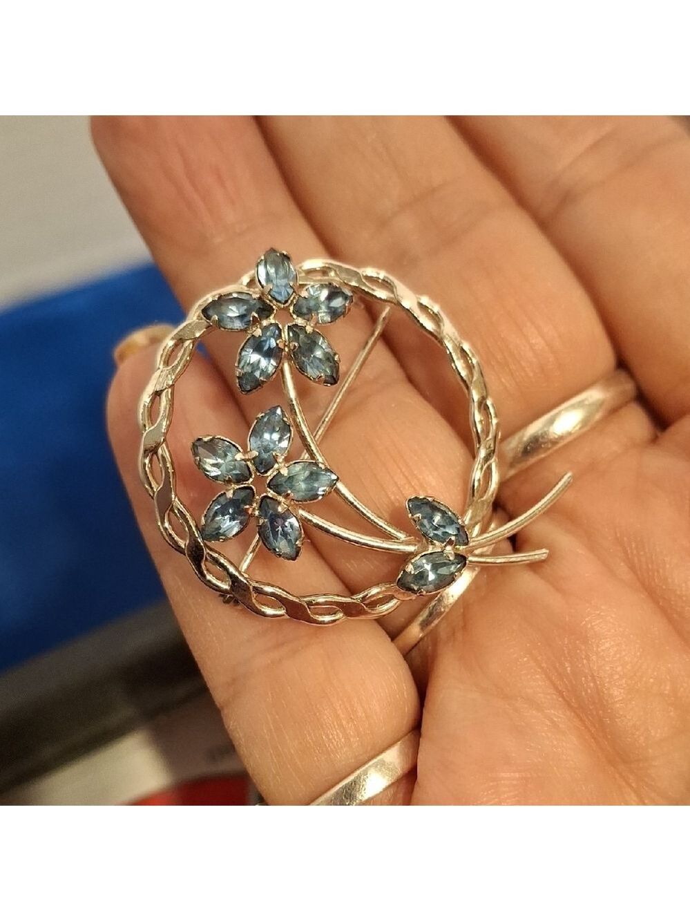 Sterling Silver 925 Stamped, Blue Flower Brooch - Picture 1 of 7